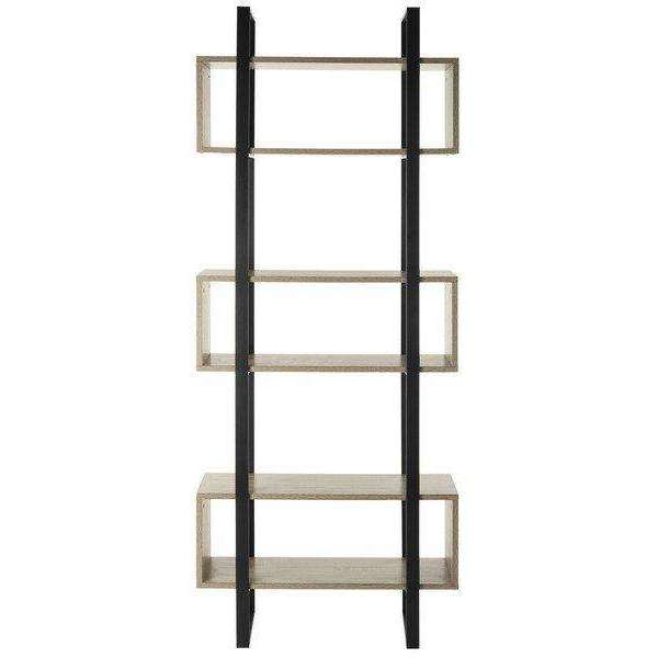 Adhara Mid-Century Etagere - Stylish Oak & Black Iron Storage Solution for Modern Living Rooms