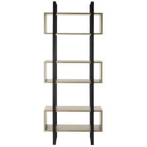 Adhara Mid-Century Etagere - Stylish Oak & Black Iron Storage Solution for Modern Living Rooms