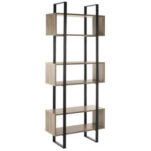 Adhara Mid-Century Etagere - Stylish Oak & Black Iron Storage Solution for Modern Living Rooms