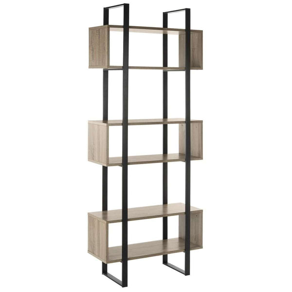 Adhara Mid-Century Etagere - Stylish Oak & Black Iron Storage Solution for Modern Living Rooms