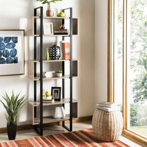 Adhara Mid-Century Etagere - Stylish Oak & Black Iron Storage Solution for Modern Living Rooms