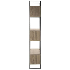 Adhara Mid-Century Etagere - Stylish Oak & Black Iron Storage Solution for Modern Living Rooms