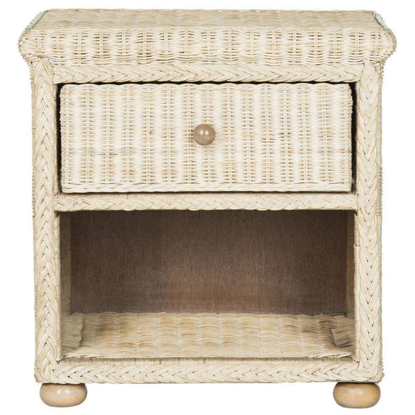 Adira Wicker Nightstand with Drawer - Natural White Wash Rattan for Organic Luxe Bedroom Style