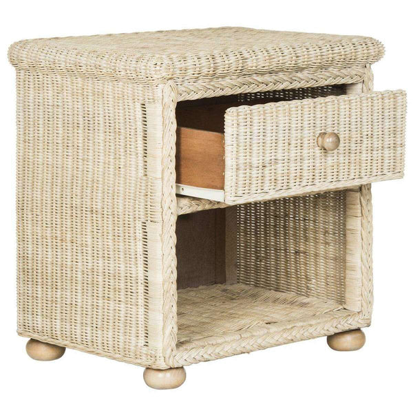 Adira Wicker Nightstand with Drawer - Natural White Wash Rattan for Organic Luxe Bedroom Style