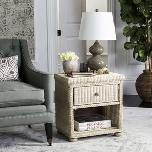 Adira Wicker Nightstand with Drawer - Natural White Wash Rattan for Organic Luxe Bedroom Style