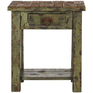 Alfred End Table Storage Drawer Antique Green Wood NC Lacquer Coating Fir Iron