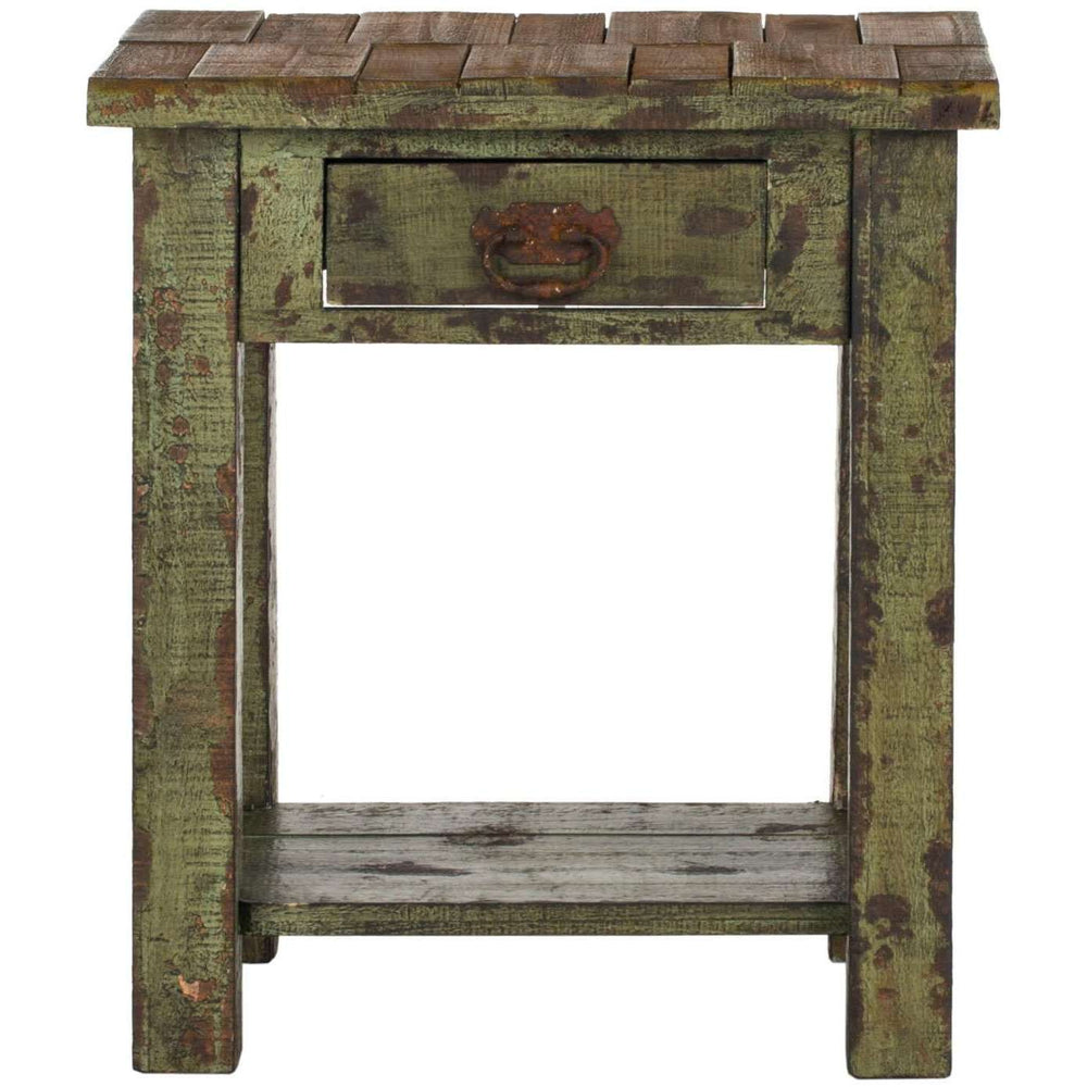 Alfred End Table with Antique Green Finish and Storage Drawer - Rustic Wood Charm for Your Home