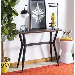 Andrew Rectangular Console Table - Midcentury Modern Brown Oak with Luxurious Curves & Metal Frame