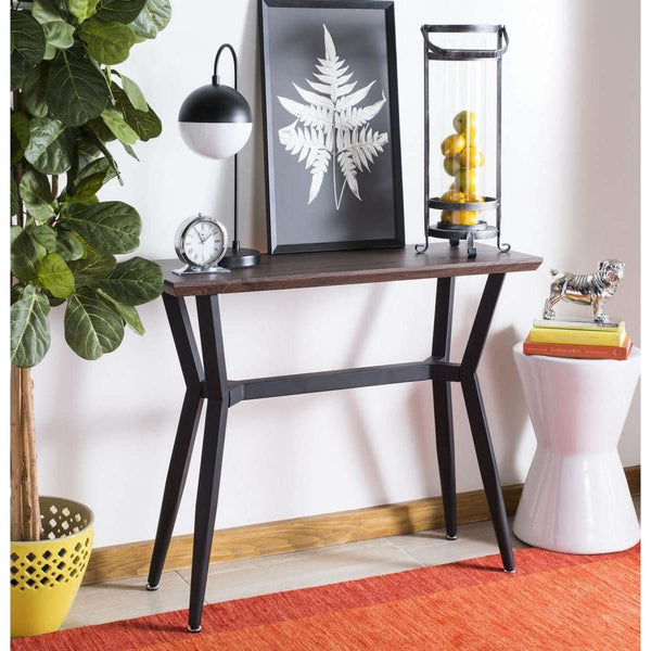 Andrew Rectangular Console Table - Midcentury Modern Brown Oak with Luxurious Curves & Metal Frame