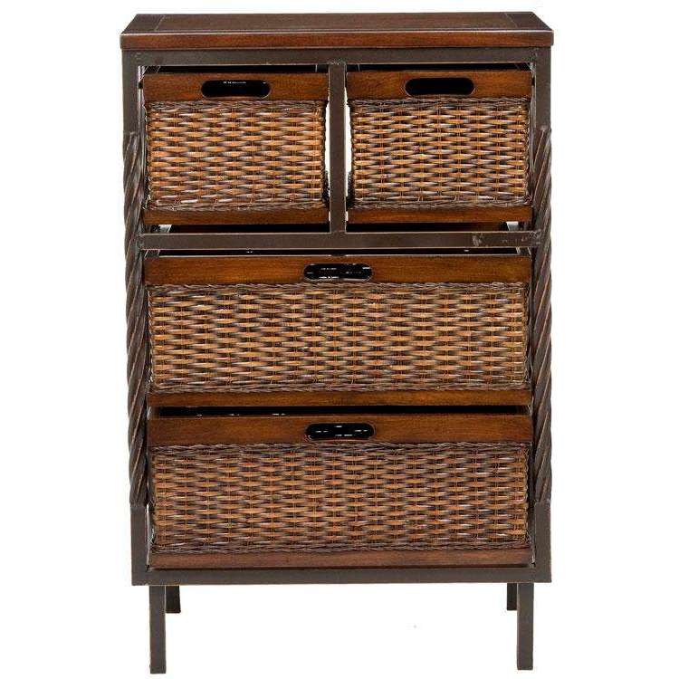 Andrew 4-Drawer Storage Unit in Dark Teak with Rattan Accents - Modern Mahogany Design & Style