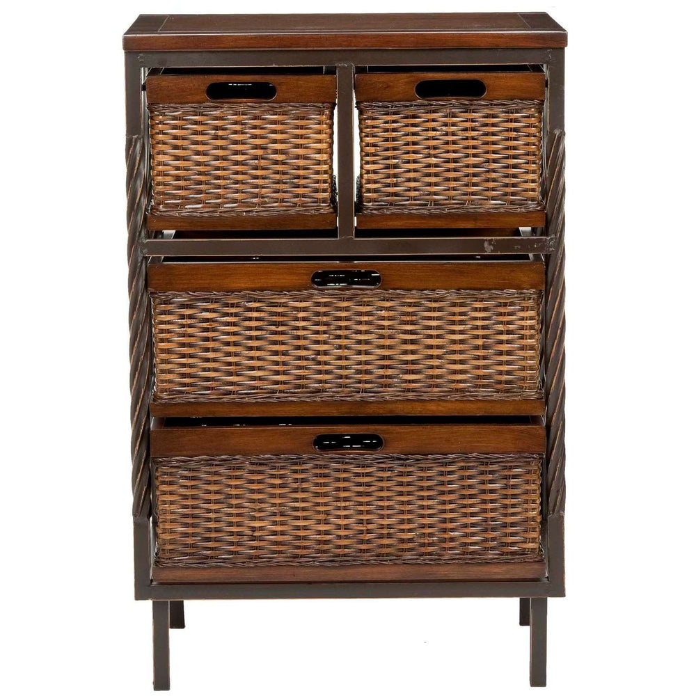 Andrew 4-Drawer Storage Unit in Dark Teak with Rattan Accents - Modern Mahogany Design & Style