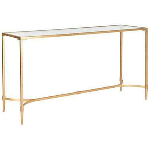 Antwan Console Table - Sleek Iron Design with Gold Lacquer Finish & Glass Top for Modern Elegance