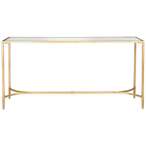 Antwan Console Table - Sleek Iron Design with Gold Lacquer Finish & Glass Top for Modern Elegance