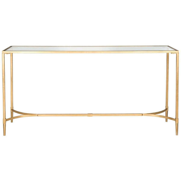 Antwan Console Table - Sleek Iron Design with Gold Lacquer Finish & Glass Top for Modern Elegance