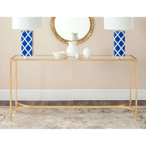 Antwan Console Table - Sleek Iron Design with Gold Lacquer Finish & Glass Top for Modern Elegance