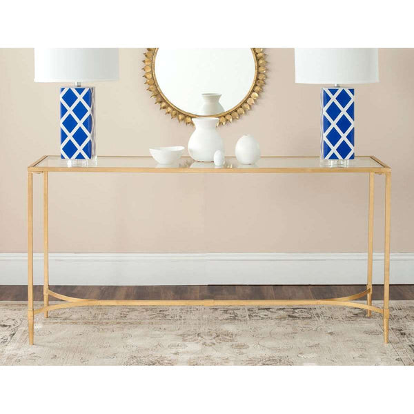 Antwan Console Table - Sleek Iron Design with Gold Lacquer Finish & Glass Top for Modern Elegance