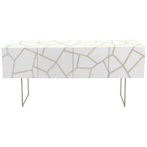 Ashley Buffet with Mother of Pearl Inlay - Chic White Lacquer Sideboard on Sleek Metal Legs
