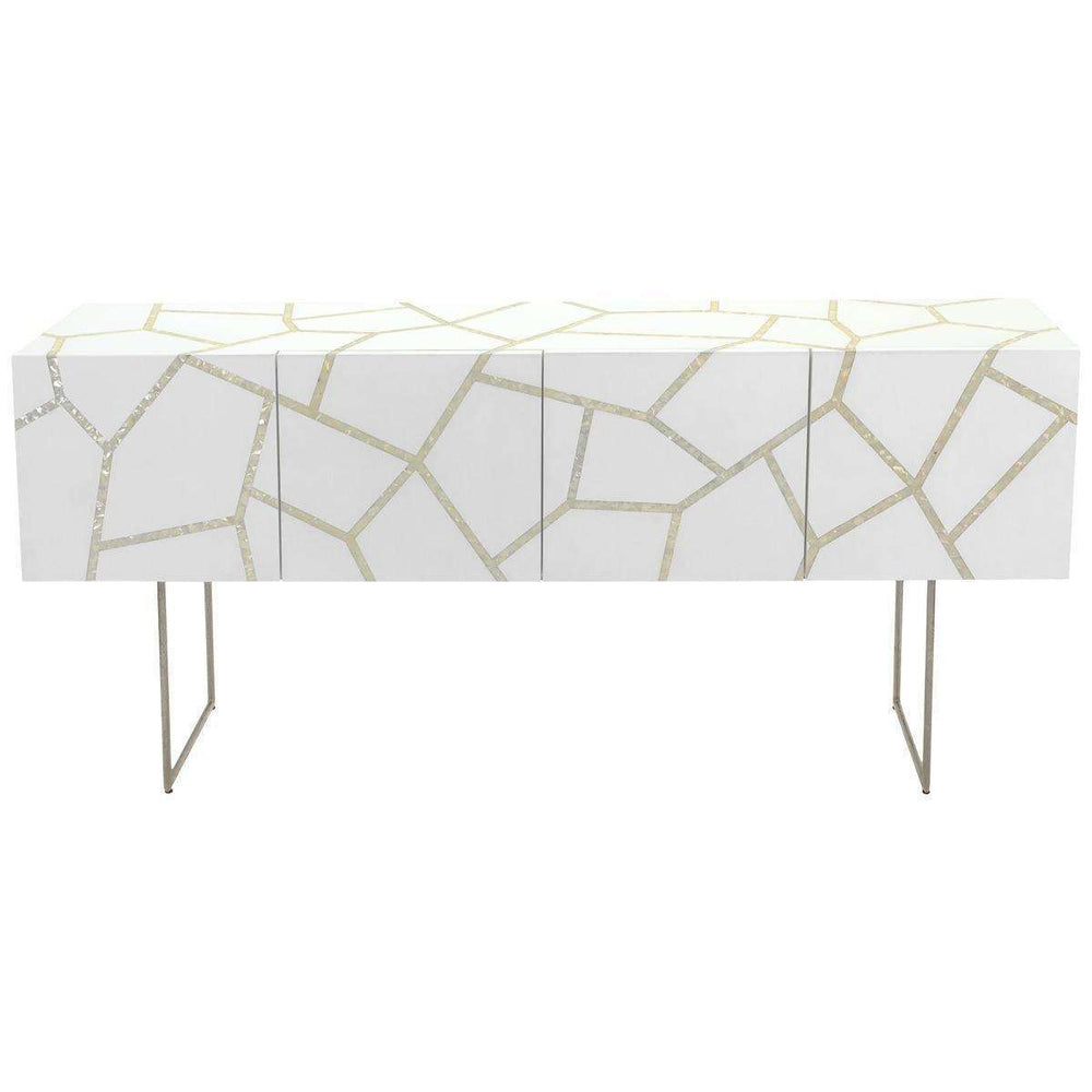 Ashley Buffet with Mother of Pearl Inlay - Chic White Lacquer Sideboard on Sleek Metal Legs