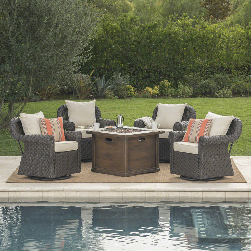 Venti Outdoor 5 Piece Dark Brown Wicker Swivel Club Chairs with Brown Gas Fire Pit Noble House