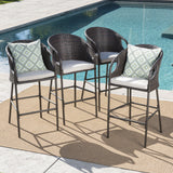 Noble House Dominica Outdoor Multibrown Wicker Barstools with Light Brown Water Resistant Cushions (Set of 4)