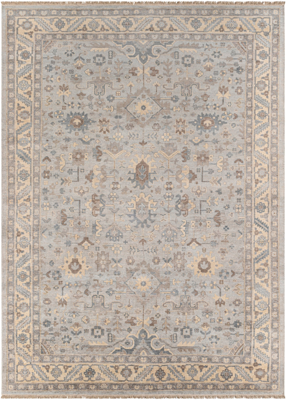 Sabine SBN-1002 Traditional Viscose Rug SBN1002-913 Pale Blue, Butter, Taupe, Medium Gray, Teal, Dark Brown, Beige 100% Viscose 9' x 13'