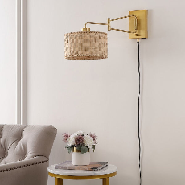 Safavieh Bramley, 21 Inch, Natural/Brass, Rattan/Iron Wall Sconce Set Of 2 W/ Usb Port​ -Set Of 2 Brass/Natural Rattan Metal SCN4076A-SET2