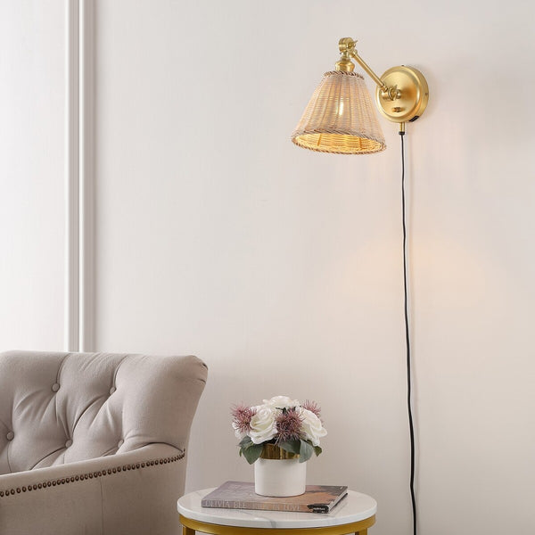 Safavieh Oswynn, 15 Inch, Natural/Brass, Rattan/Iron Wall Sconce Set Of 2 W/ Usb Port​ -Set Of 2 Brass/Natural Rattan Metal SCN4077A-SET2