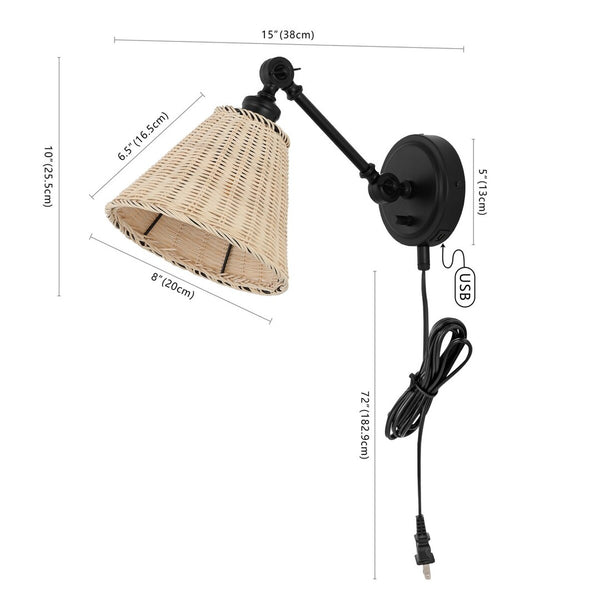 Safavieh Oswynn, 15 Inch, Natural/Black, Rattan/Iron Wall Sconce Set Of 2 W/ Usb Port​ -Set Of 2 Black/Natural Rattan Metal SCN4077B-SET2