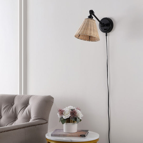 Safavieh Oswynn, 15 Inch, Natural/Black, Rattan/Iron Wall Sconce Set Of 2 W/ Usb Port​ -Set Of 2 Black/Natural Rattan Metal SCN4077B-SET2