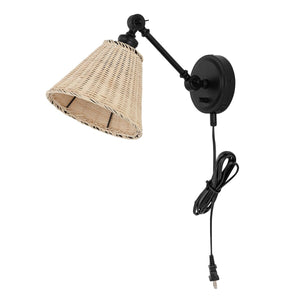 Safavieh Oswynn, 15 Inch, Natural/Black, Rattan/Iron Wall Sconce Set Of 2 W/ Usb Port​ -Set Of 2 Black/Natural Rattan Metal SCN4077B-SET2