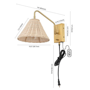 Safavieh Tressa, 16 Inch, Natural/Brass, Rattan/Iron Wall Sconce Set Of 2 W/ Usb Port​ -Set Of 2 Brass/Natural Rattan Metal SCN4078A-SET2