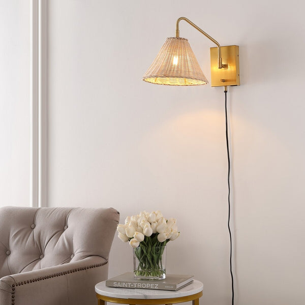 Safavieh Tressa, 16 Inch, Natural/Brass, Rattan/Iron Wall Sconce Set Of 2 W/ Usb Port​ -Set Of 2 Brass/Natural Rattan Metal SCN4078A-SET2