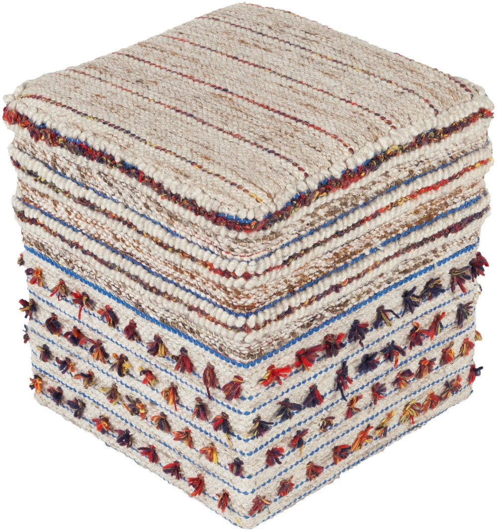 Scotia SCPF-001 Global Polyester, Viscose, Wool, Wood, Cotton Pouf SCPF001-181818 Dark Red, Bright Blue, Cream, Dark Brown, Bright Yellow, Violet 50% Polyester, 25% Viscose, 25% Wool, Wood, 100% Cotton 18"H x 18"W x 18"D