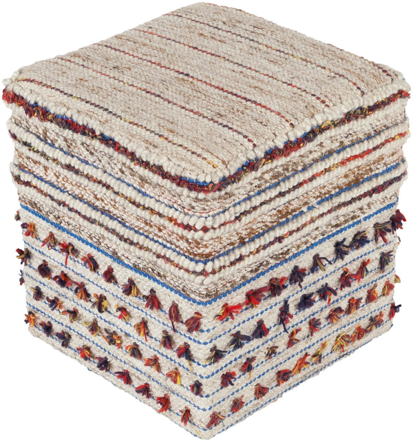 Scotia SCPF-001 Global Polyester, Viscose, Wool, Wood, Cotton Pouf SCPF001-181818 Dark Red, Bright Blue, Cream, Dark Brown, Bright Yellow, Violet 50% Polyester, 25% Viscose, 25% Wool, Wood, 100% Cotton 18"H x 18"W x 18"D