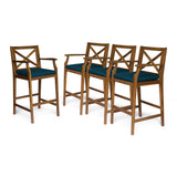 Noble House Perla Outdoor Acacia Wood Barstools, Teak Finish and Blue (Set of 4)