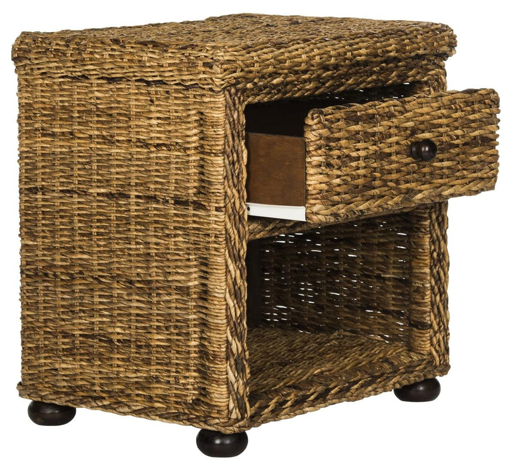 Safavieh Magi Nightstand Wicker with Drawer and 8"H Storage Natural Abaca Brown Rattan NC Coating SEA8001A 683726796022