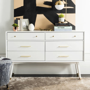 Safavieh Madden Dresser Retro White Brass MDF Wood Veneer Plywood Hardware Velvet Couture SFV2100A 889048337886