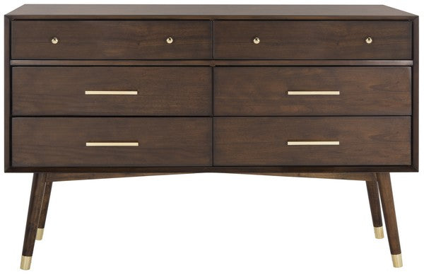 Safavieh Madden Dresser Retro Walnut Brass MDF Wood Veneer Plywood Hardware Velvet Couture SFV2100C 889048446298