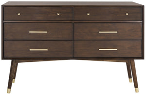 Safavieh Madden Dresser Retro Walnut Brass MDF Wood Veneer Plywood Hardware Velvet Couture SFV2100C 889048446298