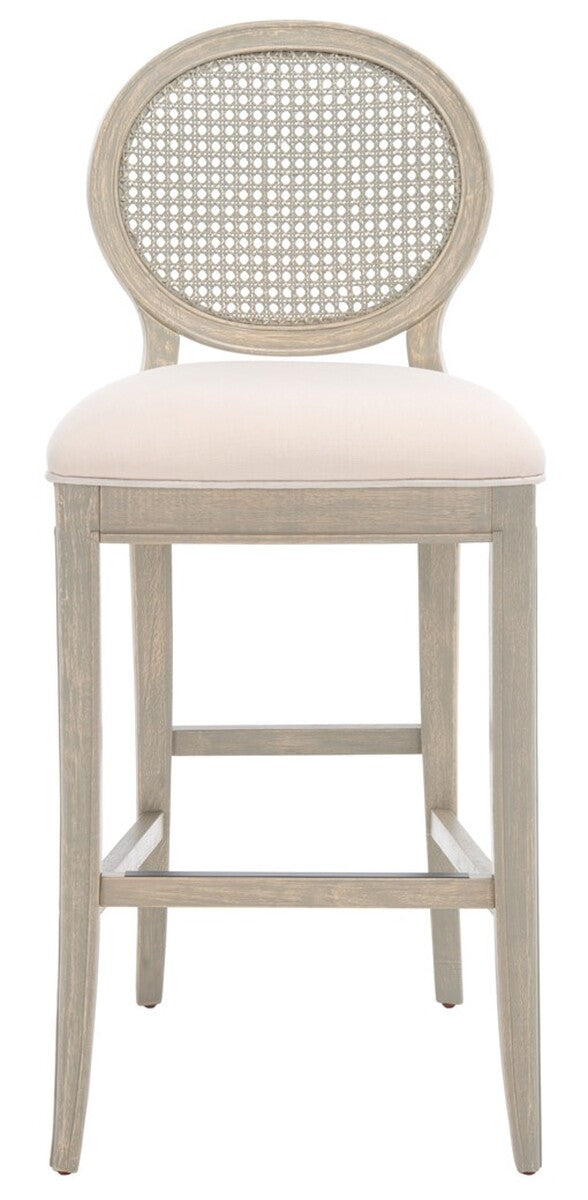 Safavieh Karlee Rattan Back Barstool - Set of 2 Rustic Grey / Beige Wood / Rattan / Metal / Fabric / Foam SFV2132A-SET2