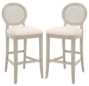 Safavieh Karlee Rattan Back Barstool - Set of 2 Rustic Grey / Beige Wood / Rattan / Metal / Fabric / Foam SFV2132A-SET2