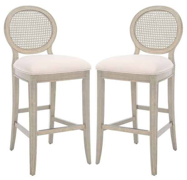 Safavieh Karlee Rattan Back Barstool - Set of 2 Rustic Grey / Beige Wood / Rattan / Metal / Fabric / Foam SFV2132A-SET2