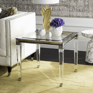 Safavieh Charleston End Table Acrylic Brass Glass Mirror Stainless Steel Couture SFV2513B 889048288966