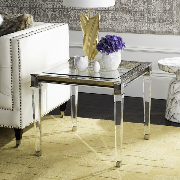 Safavieh Charleston End Table Acrylic Brass Glass Mirror Stainless Steel Couture SFV2513B 889048288966