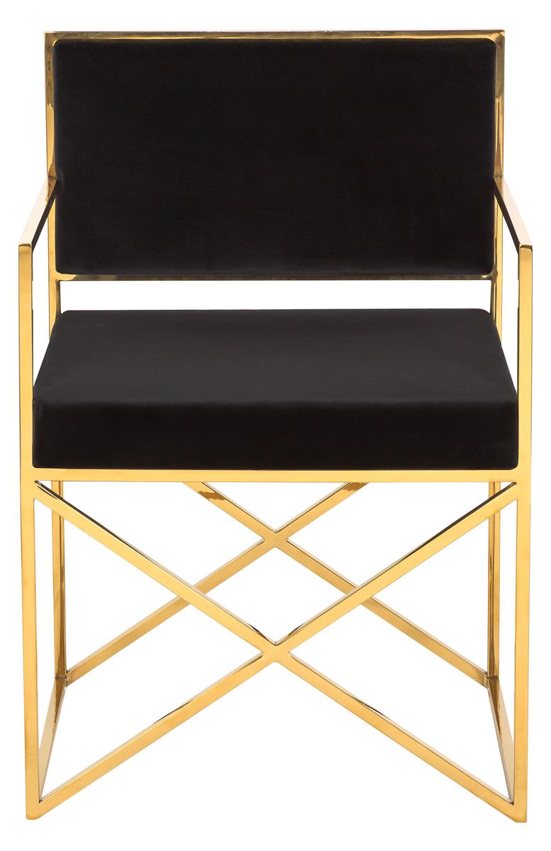Safavieh Kian Directors Chair Velvet Black Brass Stainless Steel Fabric Wood Plywood Cotton Polyester Couture SFV3501A 889048134614