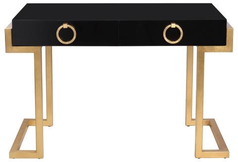 Safavieh Maia Desk 2 Drawer Lacquer Black Gold Metal Wood MDF Couture SFV3504A 889048134645