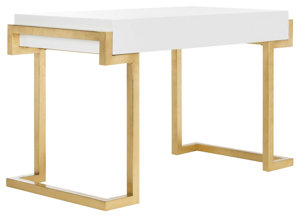 Safavieh Maia Desk 2 Drawer Lacquer White Gold Metal Wood MDF Couture SFV3504B 889048289468