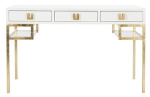 Safavieh Neria Writing Desk Lacquer White Gold Metal Wood MDF Couture SFV3521A 889048289499