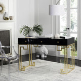 Safavieh Valeria Writing Desk Lacquer Black Gold Metal Wood MDF Couture SFV3528B 889048289604