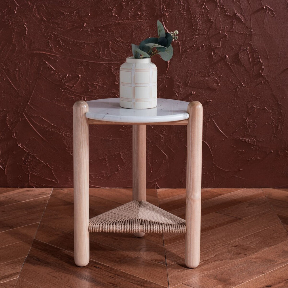 Safavieh Macianna Woven Shelf Accent Table White / Natural Wood / Woven Cord / Marble SFV4145B-2BX